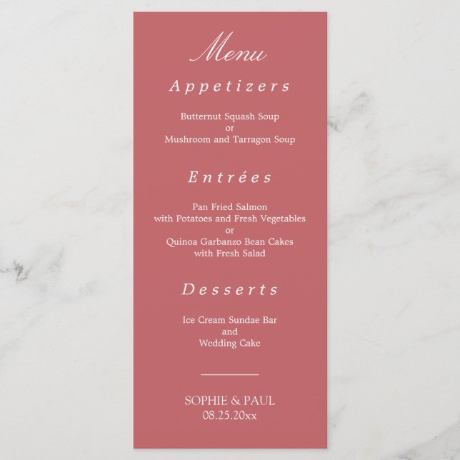 Élégant menu Mariage rose Rose Dusty (Devant)