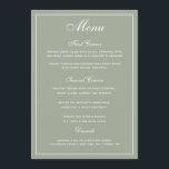 Élégant menu Mariage Sage White Script<br><div class="desc">Une façon élégante de montrer à vos invités leurs options de menu. En vert sauge avec écriture blanche. Une police de script mariage a été combinée avec un style moderne toutes les polices casquettes créant un menu mariage élégant et convivial. Un grand espace a été alloué pour les options de...</div>