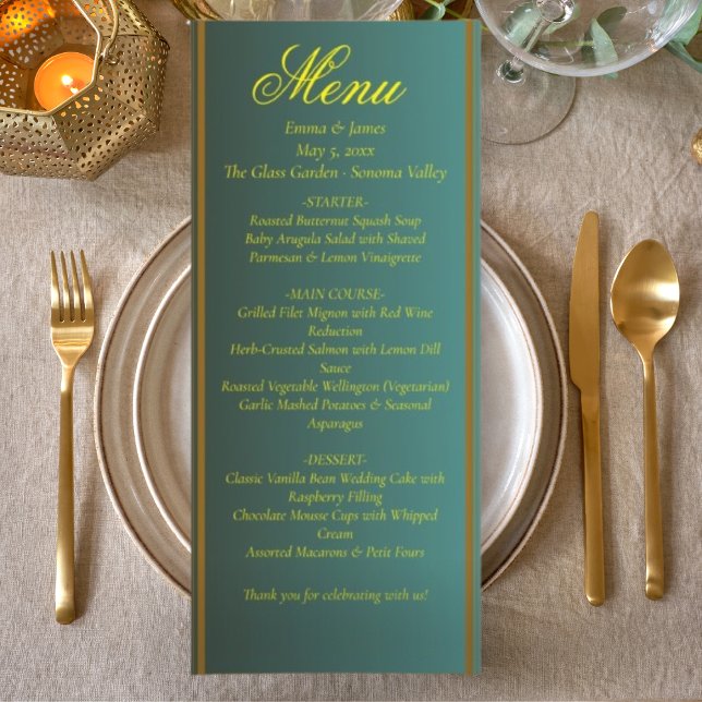 Élégant menu Mariage Vert et Or (Créateur téléchargé)