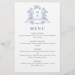 Élégant menu Mariage victorien orné bleu floral