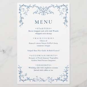 Élégant menu Mariage victorien orné bleu floral