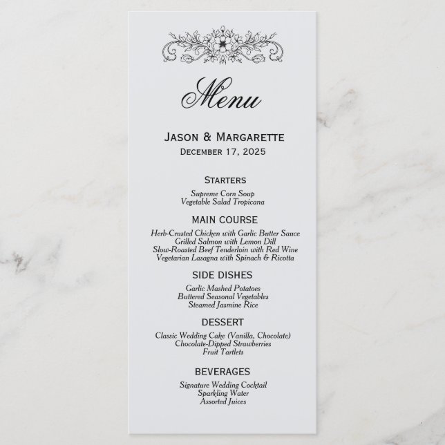 Elégant menu moderne Mariage noir et blanc (Devant)