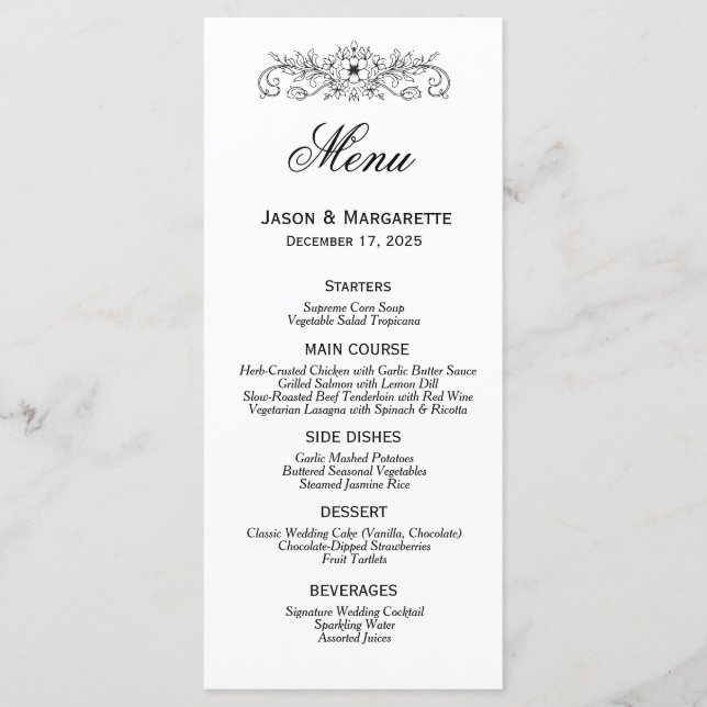 Elégant menu moderne Mariage noir et blanc (Devant)