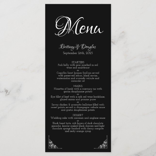 Elégant menu moderne Mariage noir et blanc (Devant)