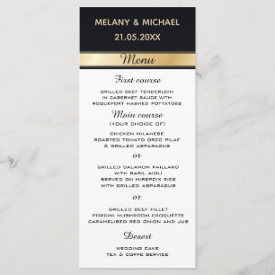 Élégant menu moderne noir blanc et or mariage