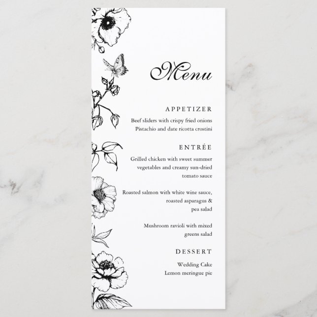 Elégant menu plat Mariage noir & blanc (Devant)