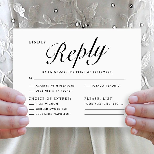 Élégant Menu RSVP Noir et Blanc en Écriture Modern (Elegant Modern Script Black White Menu Choice RSVP Wedding Card)