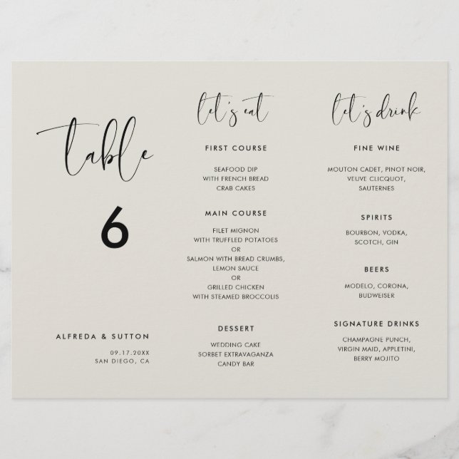 Élégant menu vert de la lumière Numéro de tableau  (Devant)