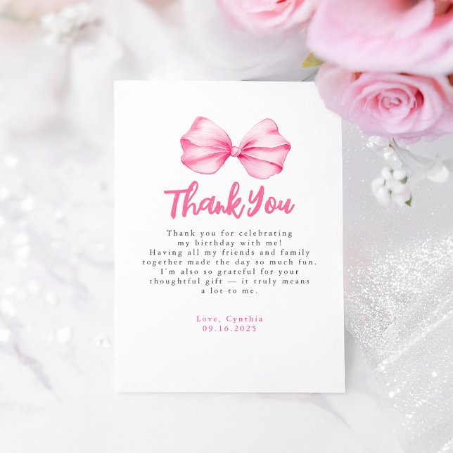 Élégant Merci d'anniversaire de la Bow rose pâle (Pink Bow Birthday Thank You Card)