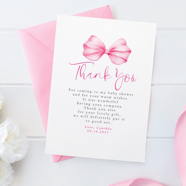 Élégant Merci de Baby shower de Bow rose clair (Pink Bow Thank You Cards)