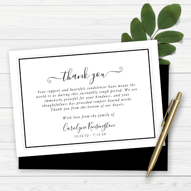 Élégant Merci de la sympathie noire et blanche (Elegant Black and White Sympathy Thank You Card)