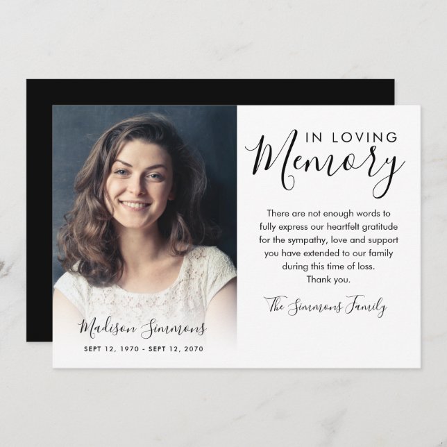 Élégant Merci Funéraire Sympathie de la photo Grie (Devant / Derrière)