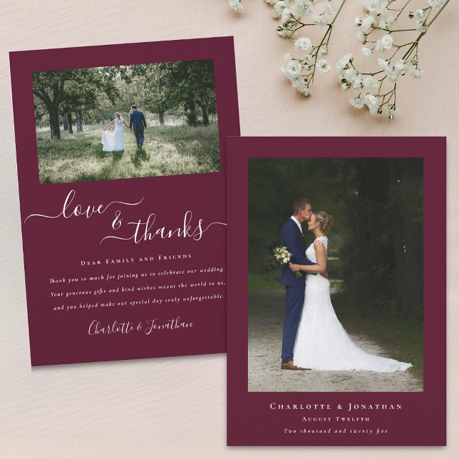 Elégant Merci Mariage 2 Photo Bourgogne (Modern elegant calligraphy script love and thanks 2 photo wedding thank you burgundy flat card)
