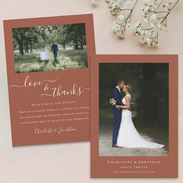 Elégant Merci Mariage 2 Photo Terracotta (Modern elegant calligraphy script love and thanks 2 photo wedding thank you terracotta flat card)