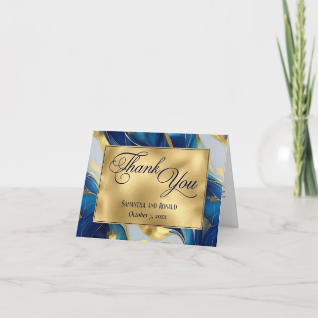 Elégant Merci Mariage Faux Gold, Bleu & Blanc (Devant)