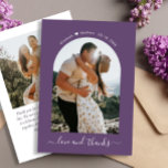 Élégant Merci Script 2 Photo Mauve Arch Mariage<br><div class="desc">Elégant minimaliste Main Lettered Arch 2 Mariage photo Carte de remerciements en couleur mauve violet. Un élégant modèle mariage avec une photo (en forme d'arc) à l'avant et une photo à l'arrière. Avec le texte "Amour et merci" dans une tourbillonnant police de calligraphie ou de script de typographie en couleur...</div>