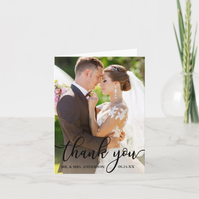 Élégant Merci Script Mariage photo carte B (Devant)