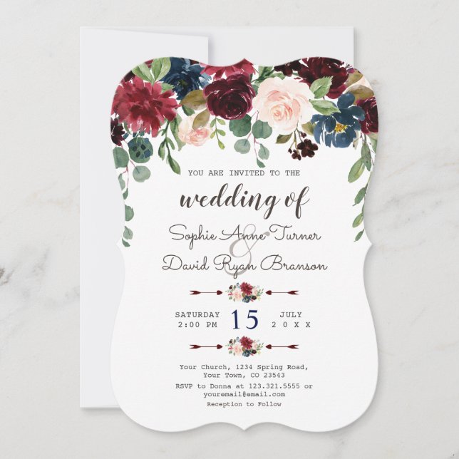 Elégant Merlot Navy Blue Floral Wedding Invitation (Devant)