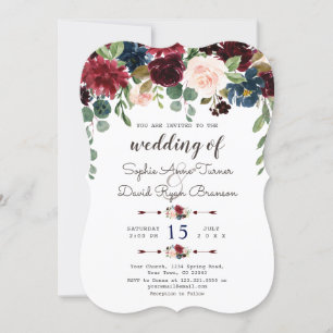 Elégant Merlot Navy Blue Floral Wedding Invitation