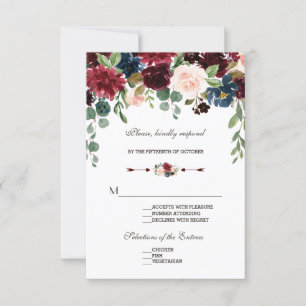 Elégant Merlot Navy Blue Floral Wedding RSVP