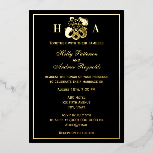 Elegant Mermaid & Merman Wedding Foil Invitation (Recto)
