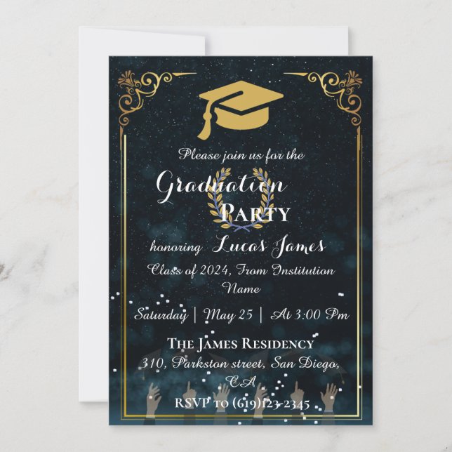 Élégant Midnight Blue & Gold Graduation Invitation (Devant)