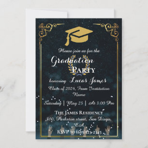 Élégant Midnight Blue & Gold Graduation Invitation