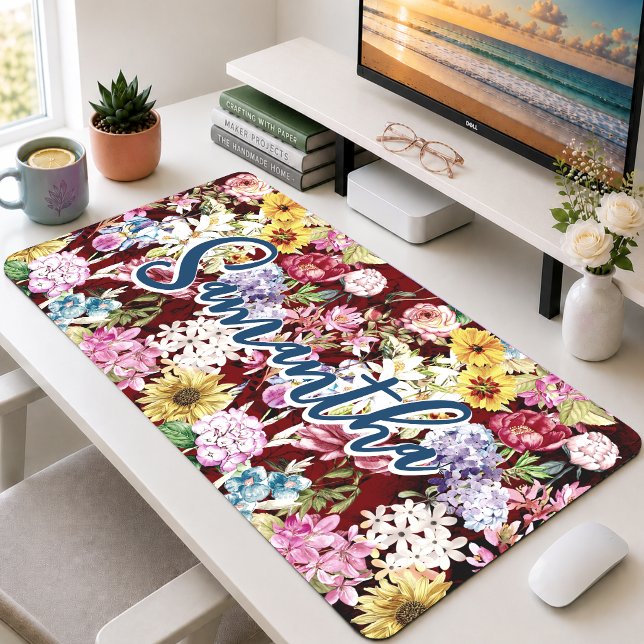 Élégant Mignon Monogramme Floral Rouge Jaune  (Créateur téléchargé)