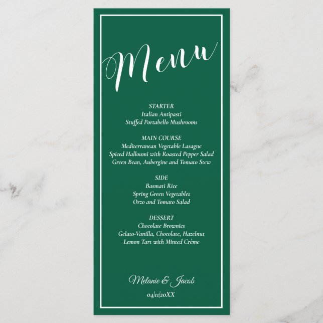 Elegant Minimalist Green Wedding Flat Menu Card (Devant)