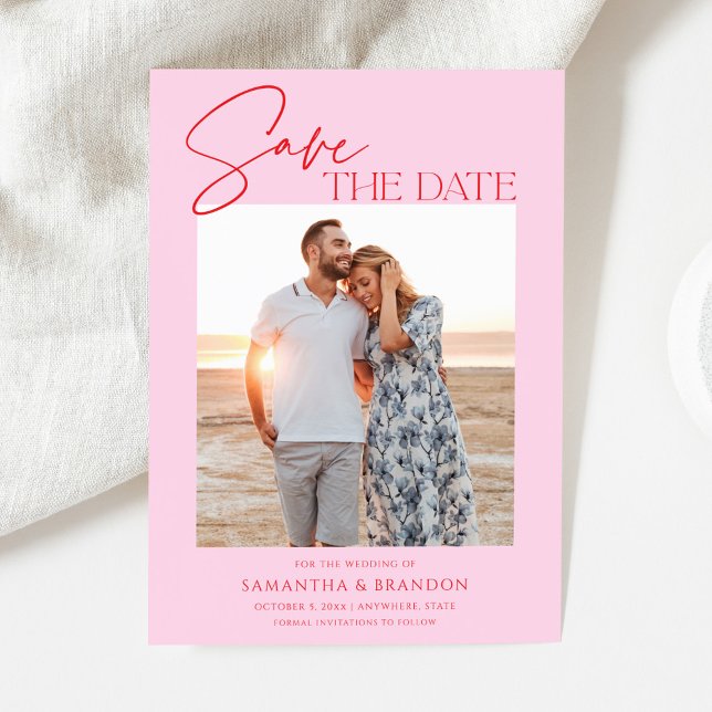 Elegant Minimalist Pink Red Photo Save The Date (Créateur téléchargé)