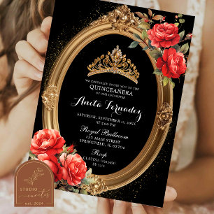 Elégant Mis Quince Black and Red Rose Invitation