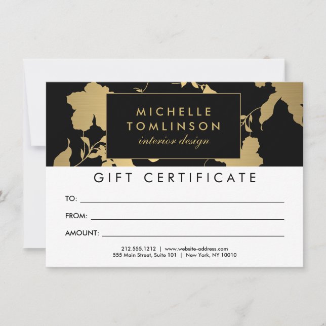 Elégant modèle or floral noir certificat cadeau ca (Devant)