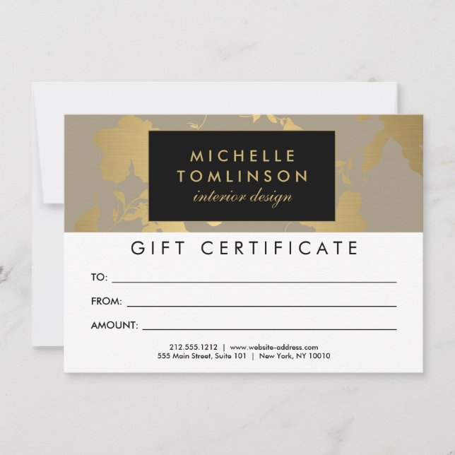 Élégant modèle or floral Tan certificat cadeau (Devant)