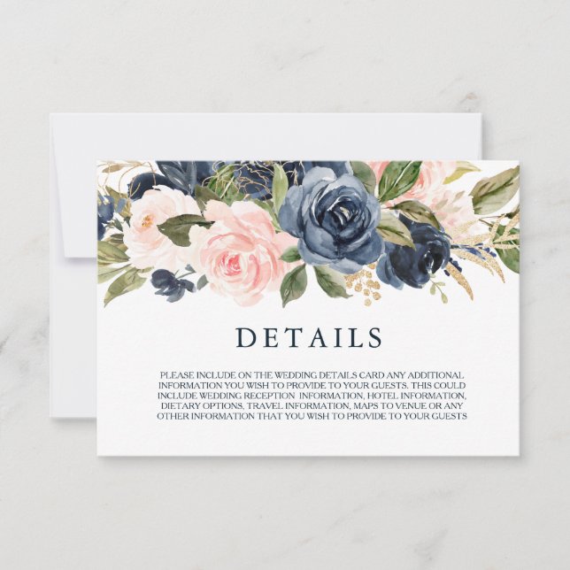 Elegant Modern Navy & Blush Mariage Détails Carte (Devant)