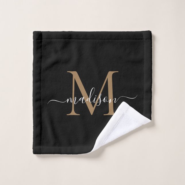 Élégant moderne chic noir Monogramme or (Gant de toilette)