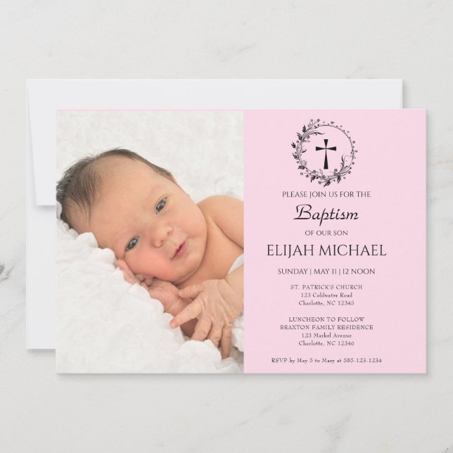 Élégant moderne rose photo Baptême Invitation (Devant)