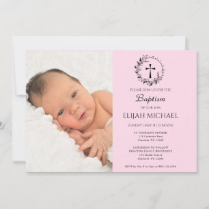 Élégant moderne rose photo Baptême Invitation
