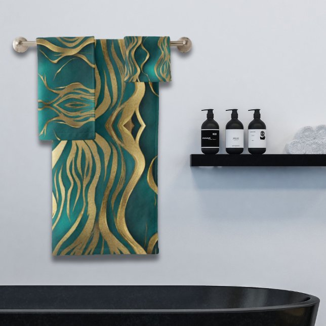 Elégant Moderne Stripes Or Turquoise Turquoise Ble (Elegant Modern Stripes Gold Turquoise Teal Blue Bath Towel Set)