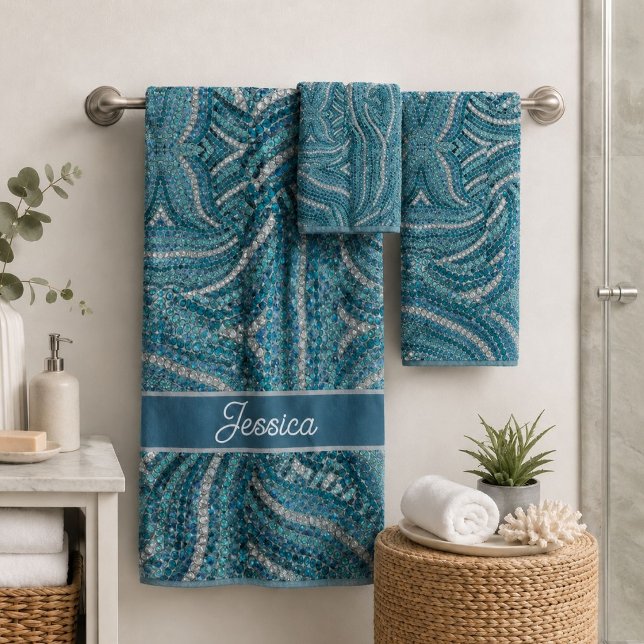 Élégant Moderne Tourbillon Gris Argenté Turquoise  (Modern Elegant Silver Grey Turquoise Blue Swirl Bath Towel Set)