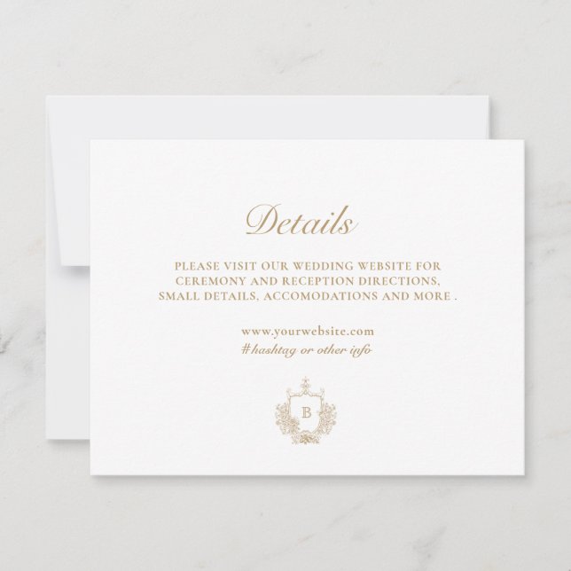 Elegant Monogram Crest Mariage Détails Carte (Devant)