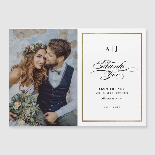 Elégant Monogram Gold Photo Mariage voiture Merci (Devant)