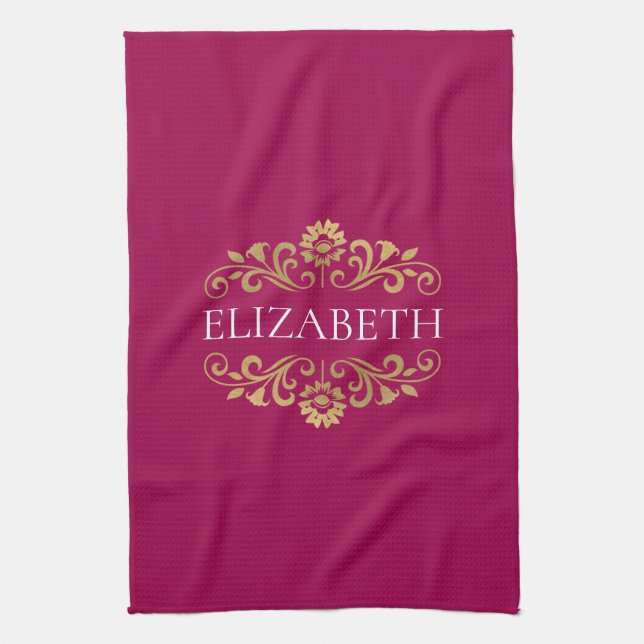 Élégant Monogram Hot Pink Gold serviette de cuisin (Vertical)