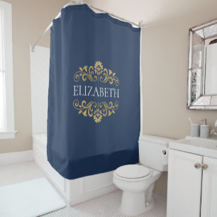 Elégant Monogram Marine Blue Gold Douche rideau