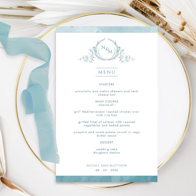 Elegant Monogram Sea Glass Watercolor Wedding Menu (Créateur téléchargé)