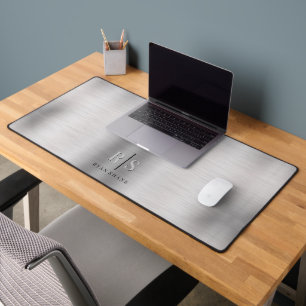 Élégant Monogramme 3D & Nom noir, Argent brossé