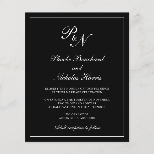 Élégant Monogramme Black Budget Faire-part de mari (Devant)