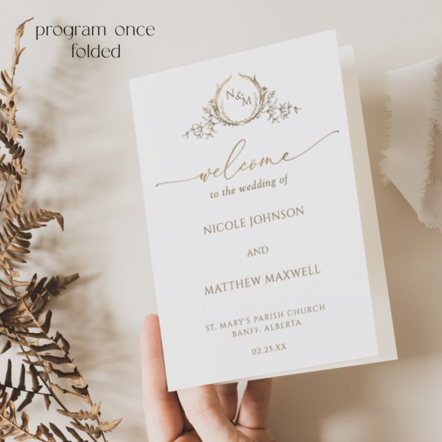 Élégant Monogramme blanc Mariage d'or plié Program (Créateur téléchargé)