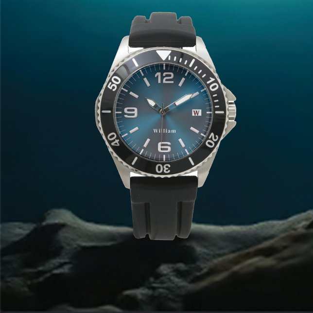 Elégant Monogramme Bleu Brossé Metallic Montre (Créateur téléchargé)