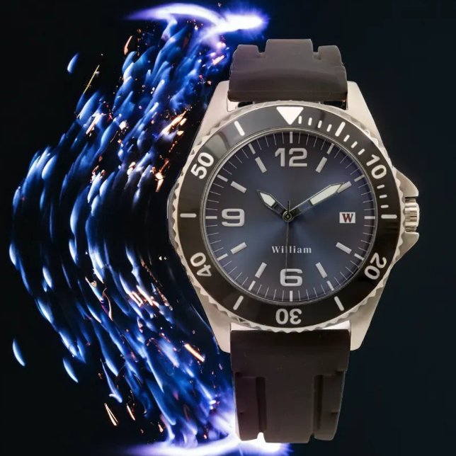 Elégant Monogramme Bleu Brossé Metallic Montre (Créateur téléchargé)