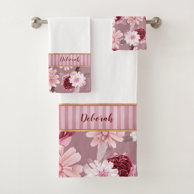Élégant Monogramme Bourgogne rose floral rayure (En situation)